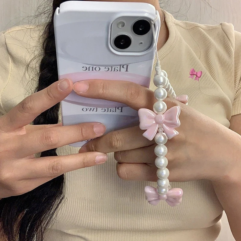 Bracelet Dragonne Pour Téléphone Mignon Avec Nœud Et Perles - Chaîne Y2K Rose Et Blanc, Accessoire Sac Ou étui