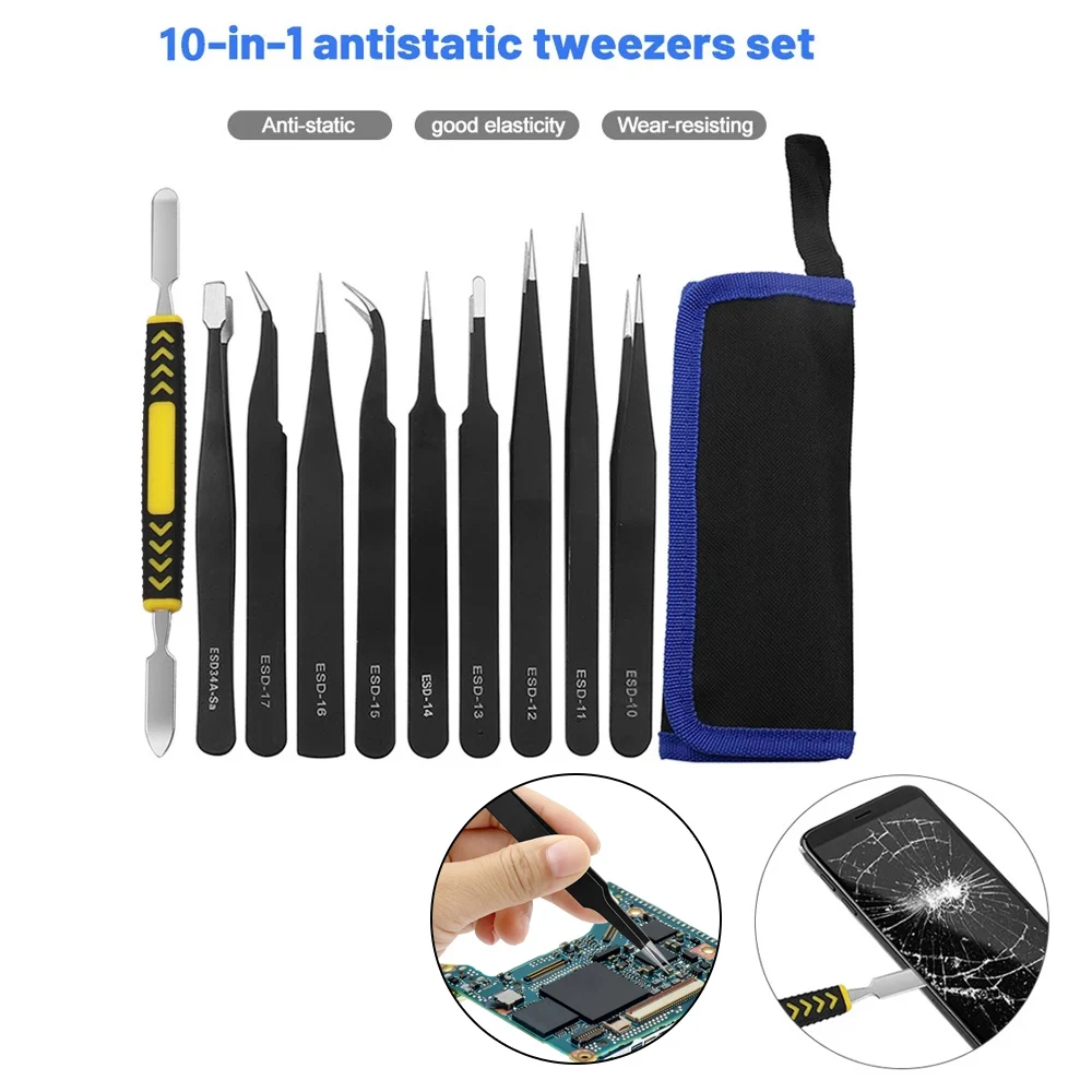 ESD Anti-Static Stainless Steel Tweezers Precision Set 10pcs Mobile screen separation pry knife For Electronic Phone Repair Tool