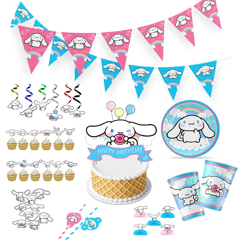 Disposable TAKARA TOMY Sanrio Cinnamoroll Theme Party Supplies Paper Cup Plate Brooch Stickers Children Birthday Baptism Decor cute cartoon princess theme disposable party tableware girl birthday party decor paper plate cup banner kids baby baptism