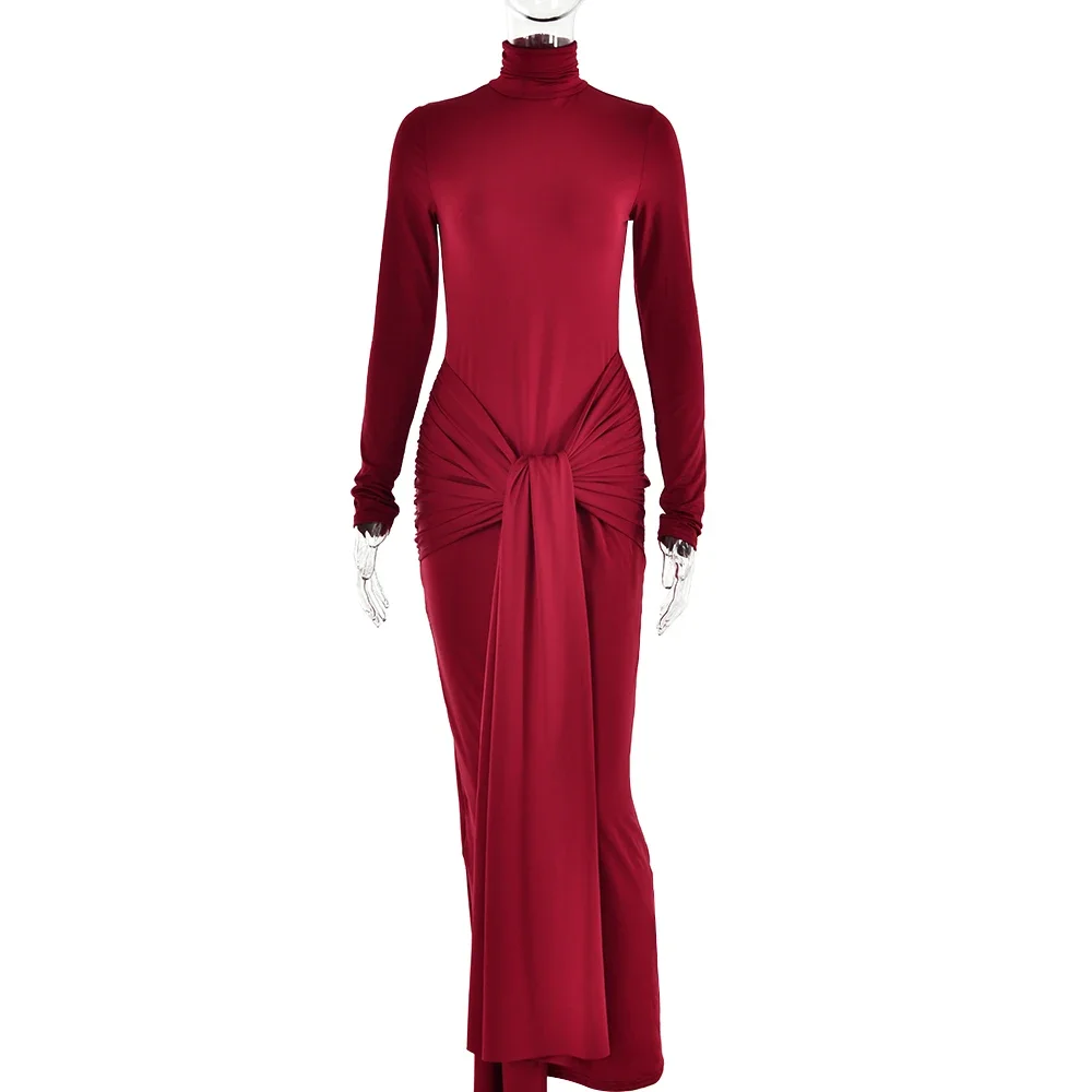 Fashion Bandage Spring Maxi Dress Women Slim Pleated Lace-Up Party Dress Solid Long Dress 2025