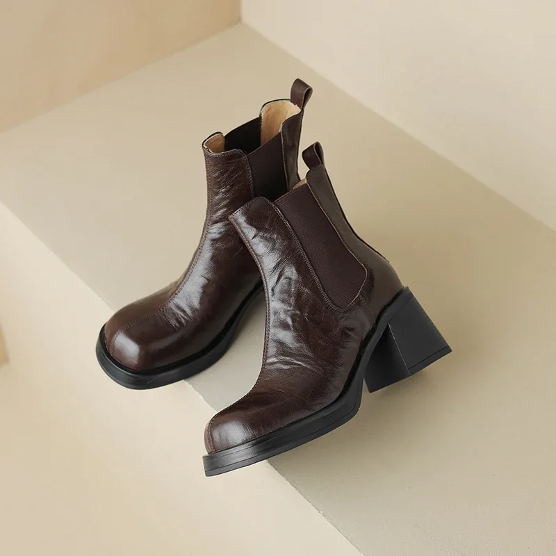 Modern Ladies Shoes Chelsea Boots Women Classic Warm Winter Ankle Boots Concise Sheep Leather Boots for Autumn Thick High Heels