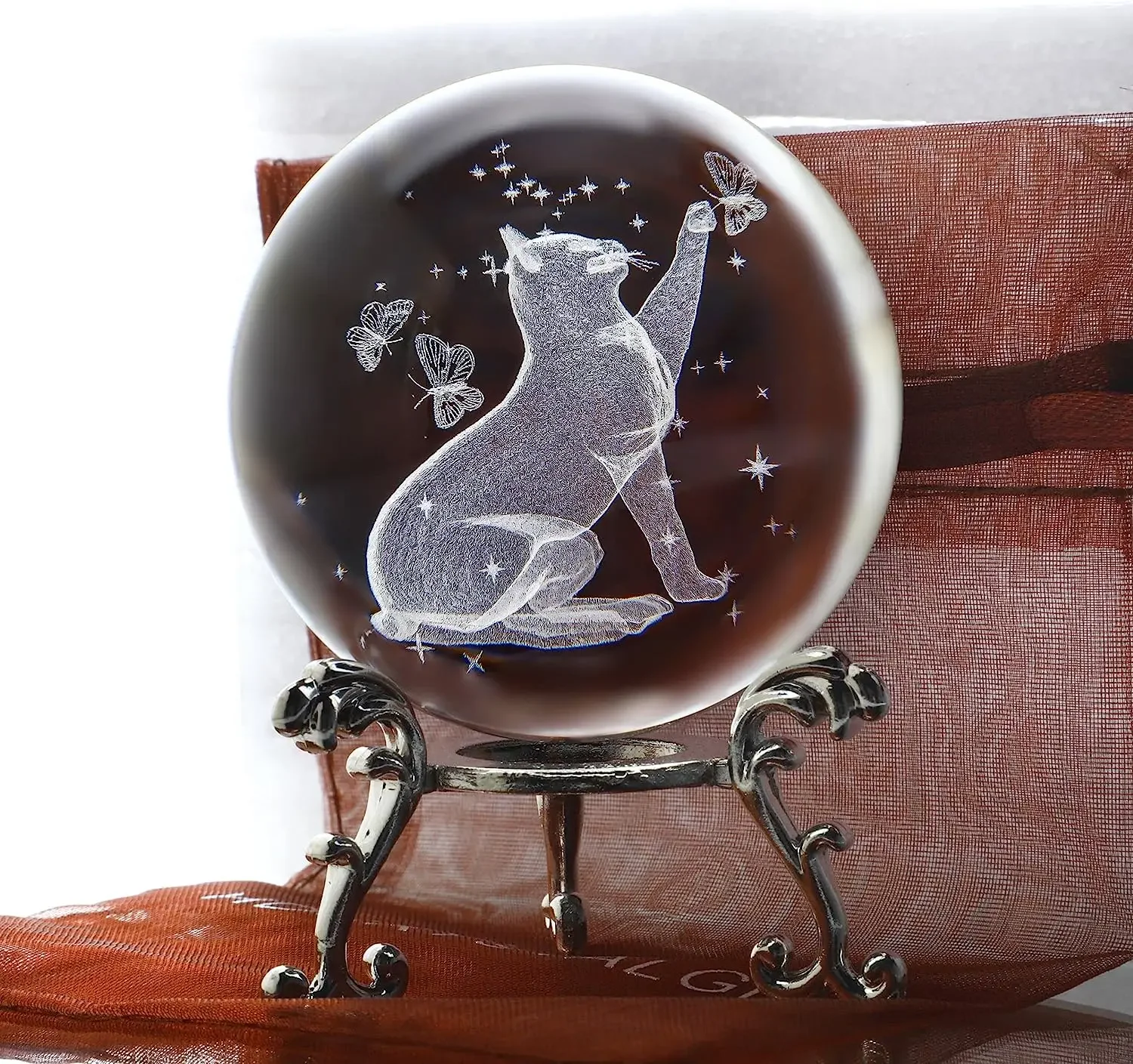 

Home With Art Sphere 60mm Collectibles Laser Glass Decor Stand Figurine Paperweight Engraved Crystal Cat Ball