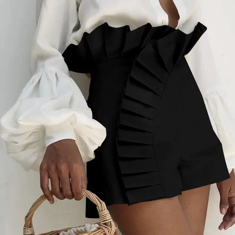 New Fashion Solid Color Ruffled Pleated Shorts 2023 Spring Summer Elegant High Waist Hot Pants Women For Sexy Street Trendsetter