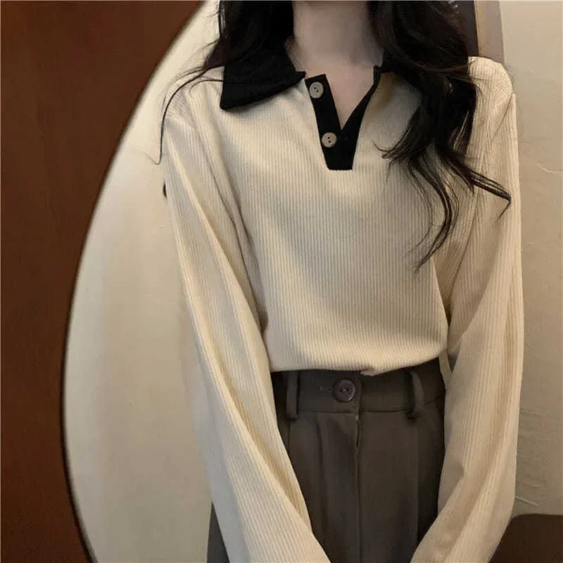 Casual Women T-shirts Korean Fashion Sweet Preppy Style Tops Female Autumn Long Sleeve Turn Down Collar Basic Pullovers Tees 5