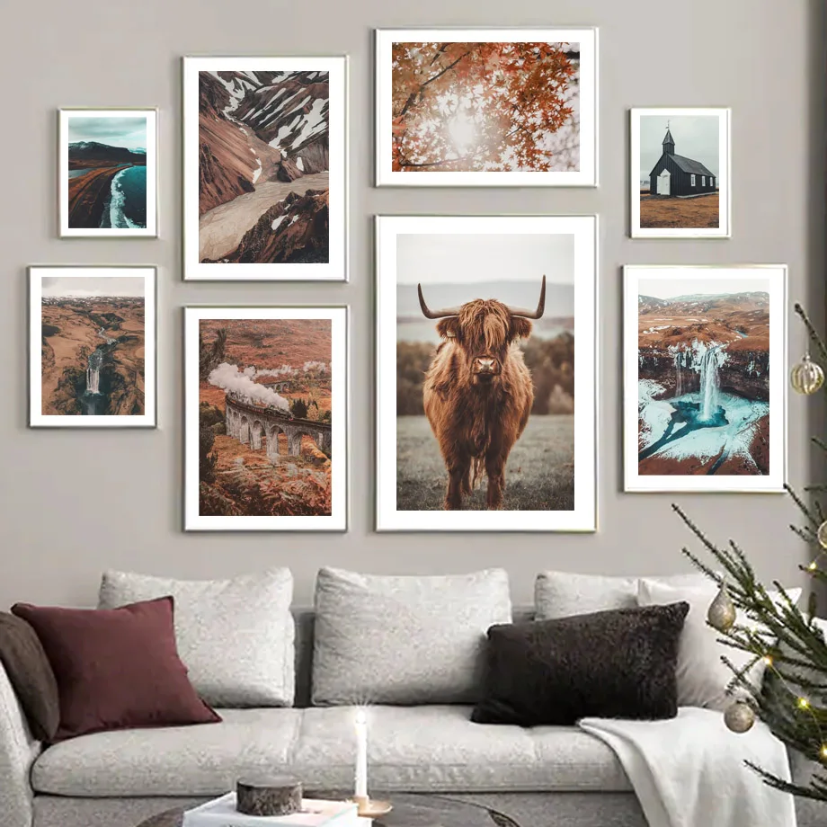 

Highland Cattle Train Waterfall Seaside Grass Wall Art Print Canvas Painting Nordic Poster Wall Pictures For Living Room Decor
