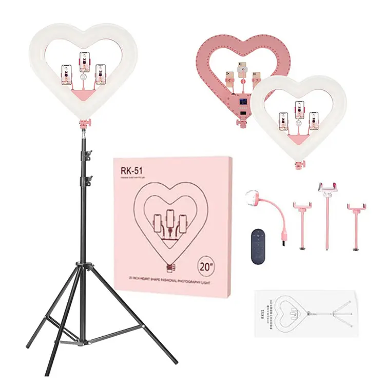 20inch Pink Love Hearted Design RGB Ringlight Dimmable LED Kawaii Ring Lamp RK51 Heart Shaped Selfie Ring Light with Stand led selfie ring light circle fill light dimmable round lamp tripod trepied makeup photography ringlight phone stand holder
