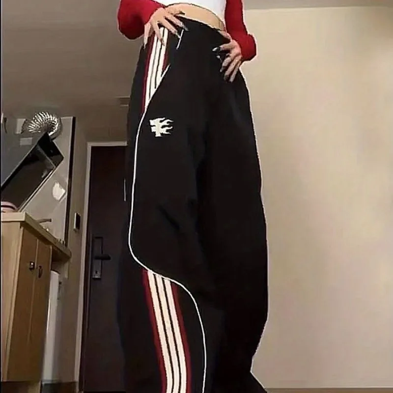 Spring and Autumn Women's Elastic Waist Lace Stripe Contrast Panel Anima LBright Line Decoration Loose Fashion Casual Pants
