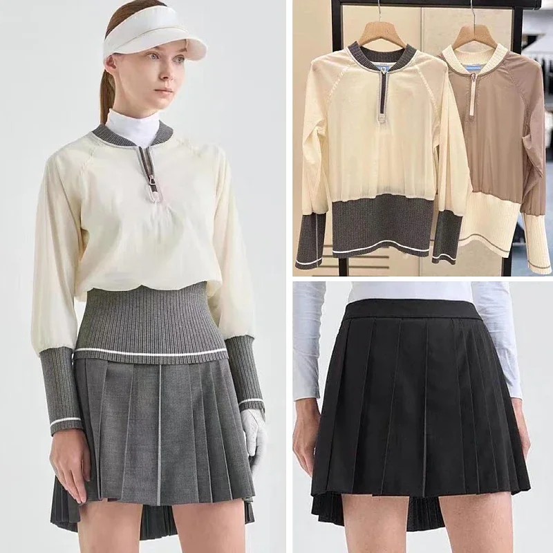 

Korean Golf Women's 23 Autumn/Winter Standing Neck Half Zip Panel Long Sleeve Coat Slim Fit Pleated Skirt