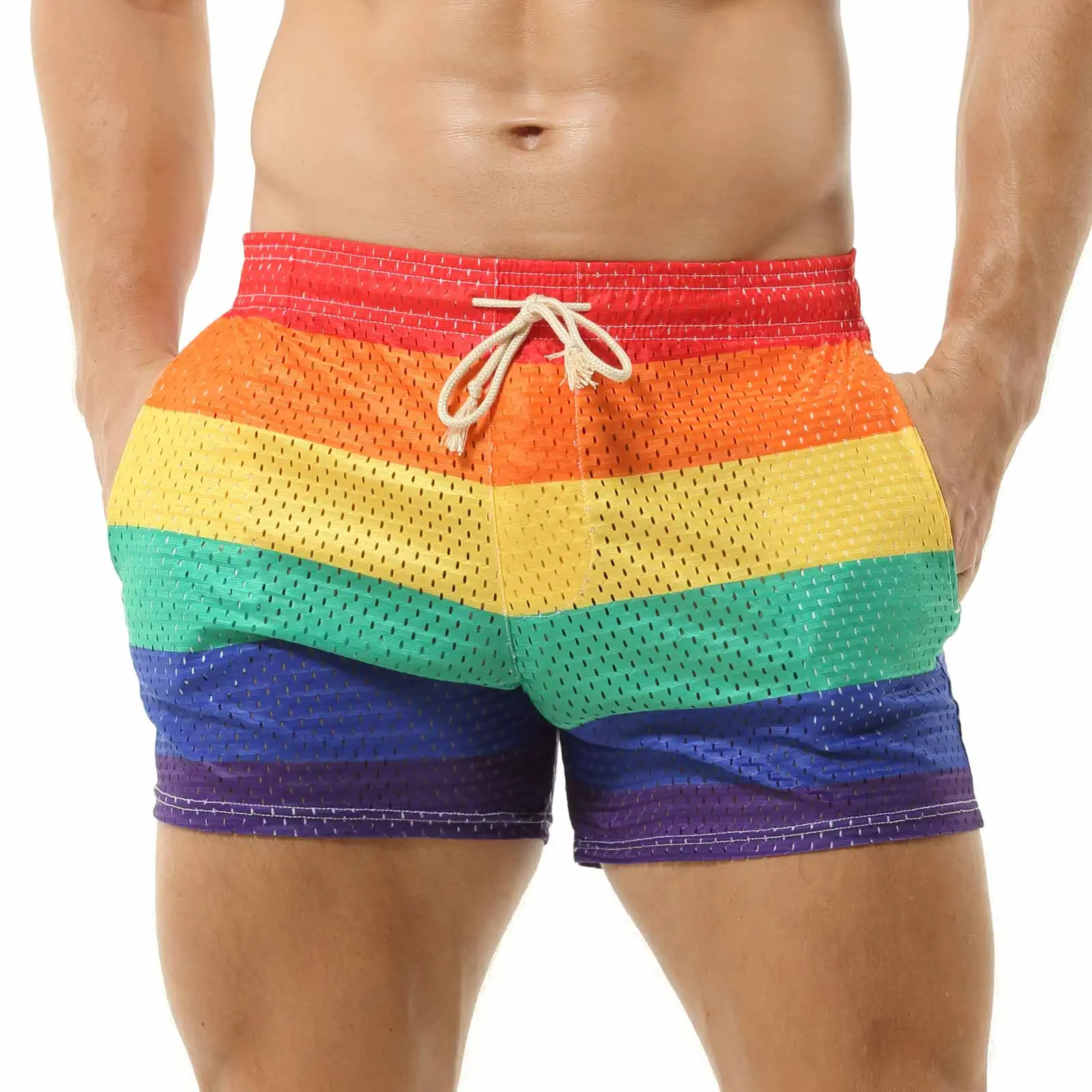 CLEVER-MENMODE Men's Rainbow Casual Shorts Pocket Loose Thin Home Shorts Beach Boxers Tether Mesh Breathable Panties