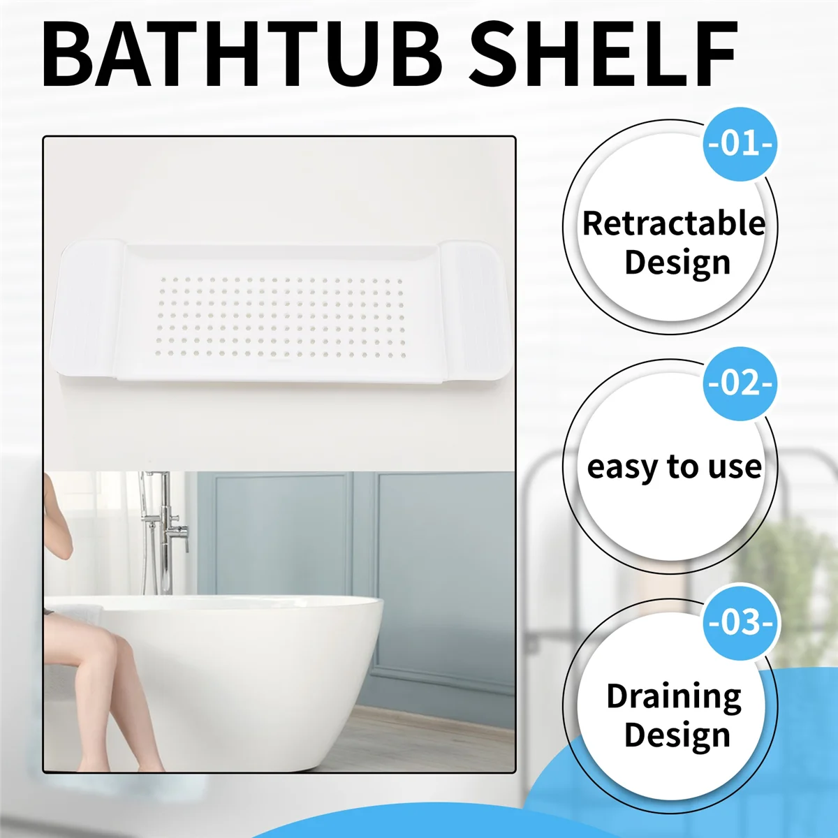 BIFI-Retractable Bathtub Storage Rack Bath Tray Shelf Tub Bathroom Tools Towel Storage Shelf Kitchen Sink Drain Holder White
