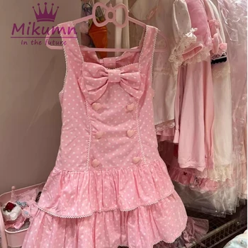 Mikumn Japanese Kawaii Lolita Style Strap Dress Harajuku Sweet Pink Bow Polka Print Mini Dress Women Girls Y2k Party Mini Dress 1