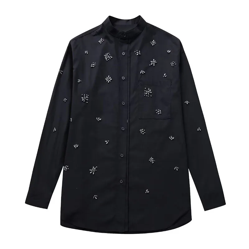 

ZATRHMBM Women 2023 New Fashion Faux Jewel-Embellished Black Blouse Vintage Long Sleeve Button Up Female Shirts Blusas Chic Tops