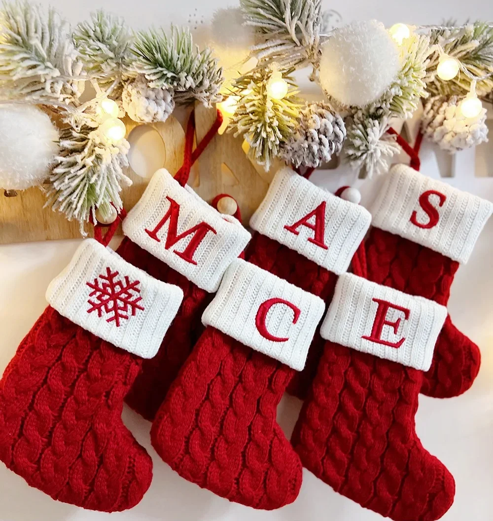 Festive Knitted Christmas Stocking with Snowflake & Alphabet Design - Holiday Tree Pendant Decoration