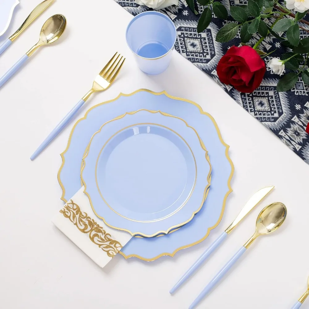 Disposable Plates &ndash; Wine Red Plastic Plates, Includes Dinner Plates, Dessert Cups, Plastic Silverware, & Napkins