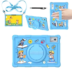 Cartoon Kids Tablet Case with Strap and Pen Holder for Xiaoxin Pro12.7 2023 (Sky Blue)