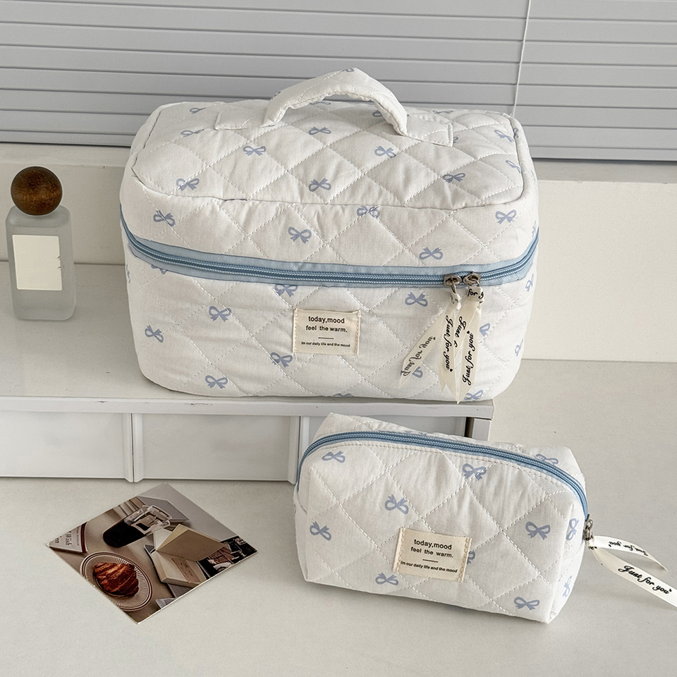 Blue Bow Quilted Women Cosmetic Bag Sets Large Capacity Makeup Handbag Travel Pouch 3 Type Ladies Zipper Organizer for Bags