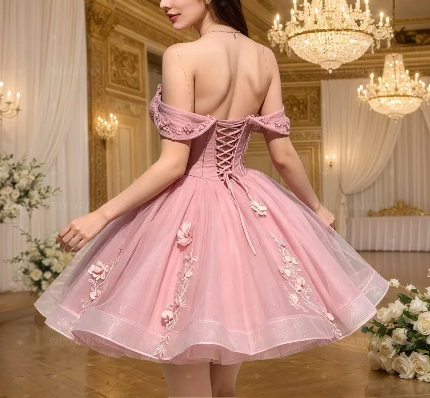 Sparkly Tulle Prom Dresses for Teens Off Shoulder Short Homecoming Dresses for Quinceanera Flowers Lace Ball Gown Customized - 2