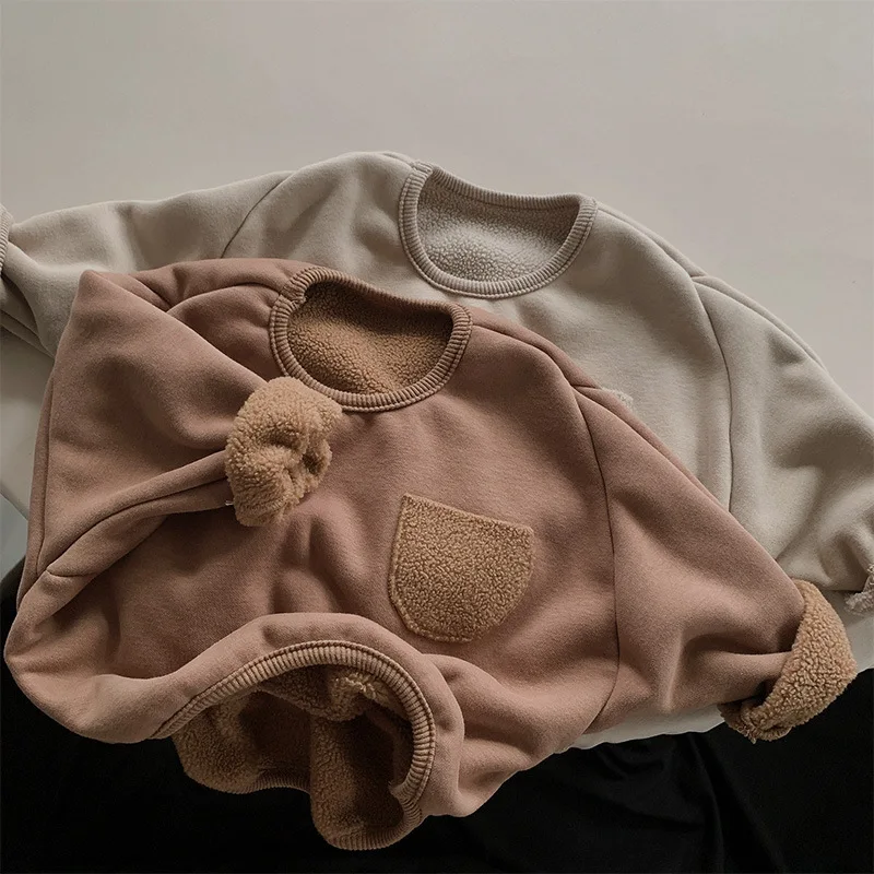 

2023 Winter New Children Long Sleeve Casual Sweatshirts Thick Warm Baby Loose Pullover Fashion Boys Girls Fleece Sweatshirts