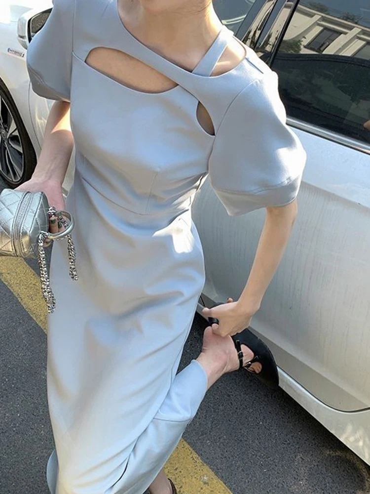 

2023 Summer New Design French Royal Sister Celebrity Tea Break Long Dress Slim Fit Blue Dress