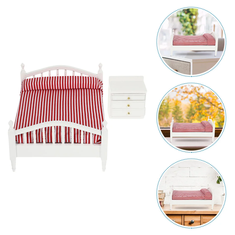 

Miniature Furniture Dollhouse Double Bed Ornaments Furnishing Model Accessories Bedside Table Child