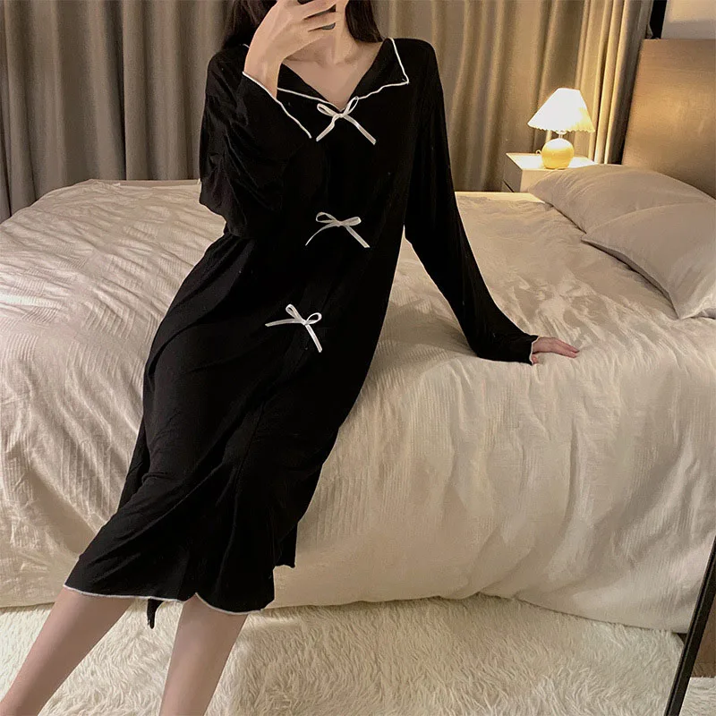 

Sexy Solid Women's Nightdress With Bow V-Neck Long Sleeve Nightgown Loose Casual Ruffles Ladies Long Pajamas Plus Size Autumn