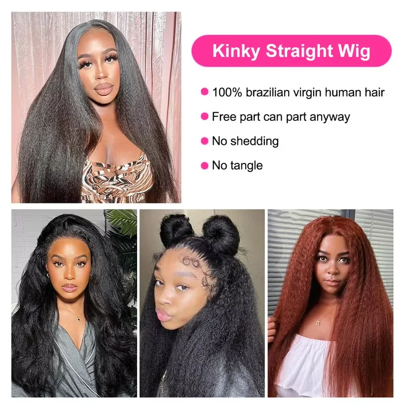 Kinky Straight Human Hair Half Wig 250 Density Natural Black Brazilian Hair Wigs wear and go Drawstring wig Flip over half wig