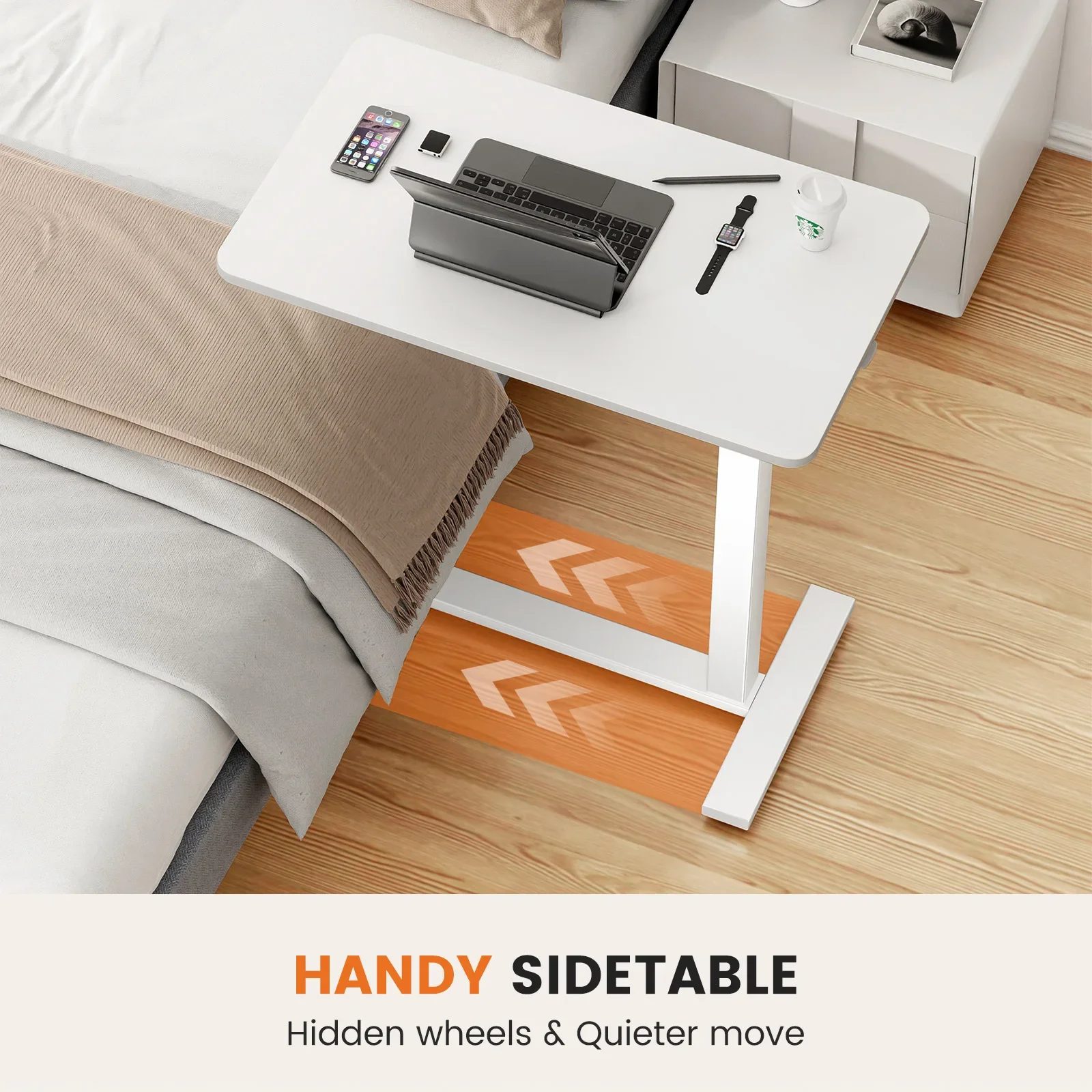 Overbed Bedside Sofa Table with Hidden Wheels Adjustable Height Use Bed Table Laptop Mobile Standing Desk Living Room