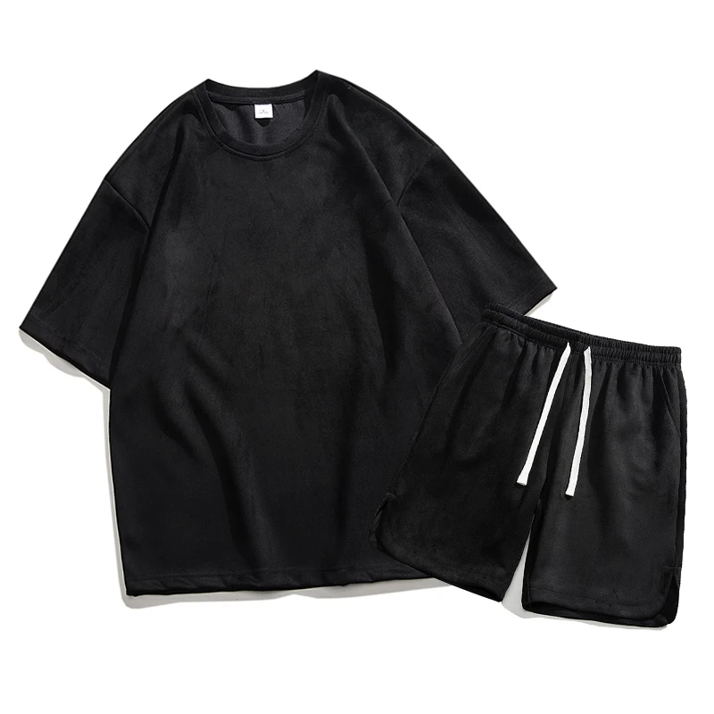 

Suede Suit Mens Summer New Sports Casual Short-sleeved Suit Trend Big Drop Shoulder T-shirt Shorts Two-piece Tracksuit Men