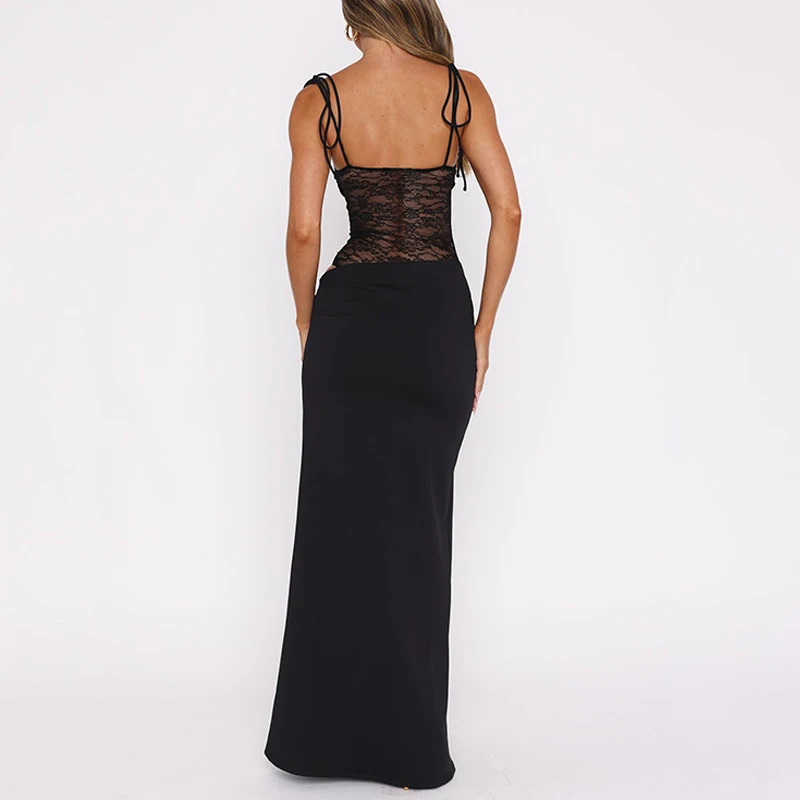 Women's Spring and Summer New Solid Color Lace Splicing Hollow Out U Neck Dress Fashion Suspender Strap Waist Sexy Party Dress