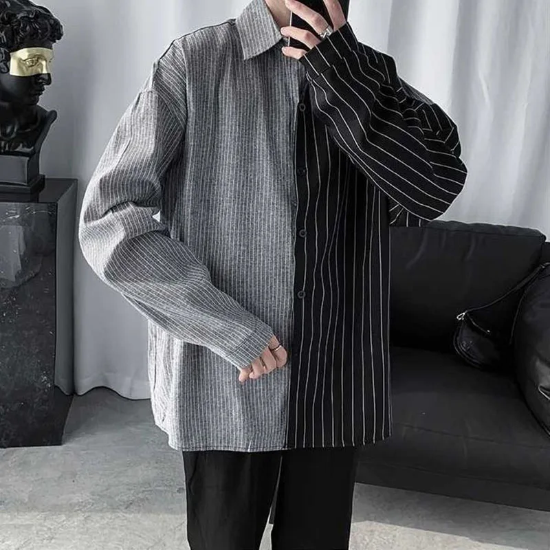 

Fashion Printed Lapel Spliced Button Korean Striped Shirt Men's Clothing 2023 Spring New Casual Tops Loose All-match Shirt