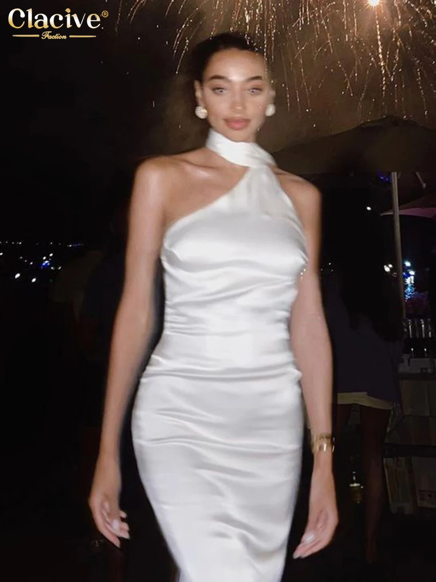 

Женское атласное платье с лямкой на шее, без рукавов