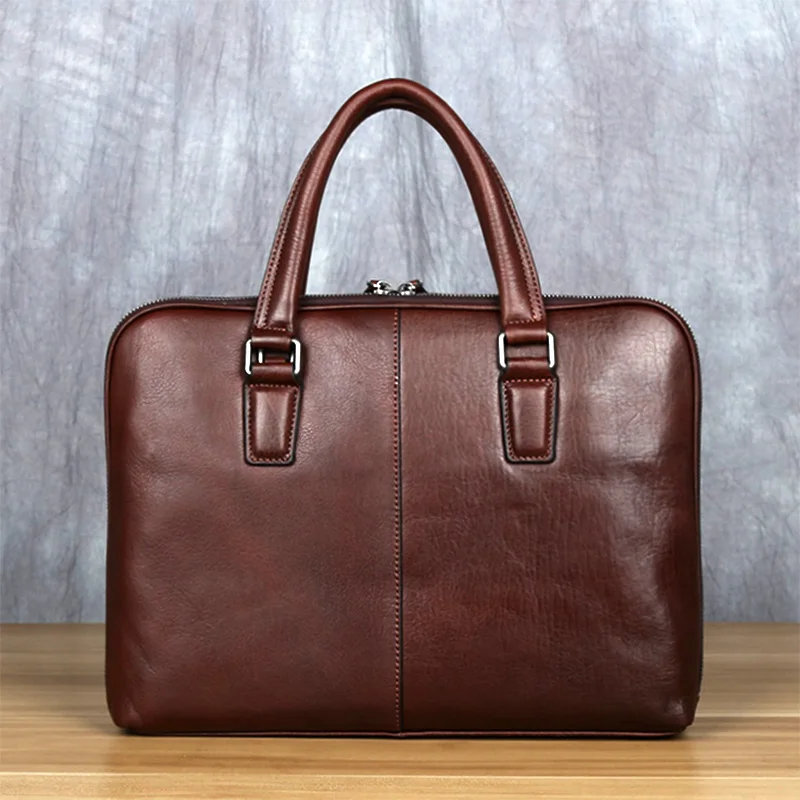 Vintage Men's Briefcase Top Layer Cowhide Casual Handbag Leather Business Shoulder Messenger Bag Brown 14 Inch Laptop Bag NZPJ 2
