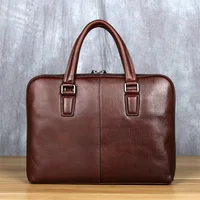 Vintage Men's Briefcase Top Layer Cowhide Casual Handbag Leather Business Shoulder Messenger Bag Brown 14 Inch Laptop Bag NZPJ 2