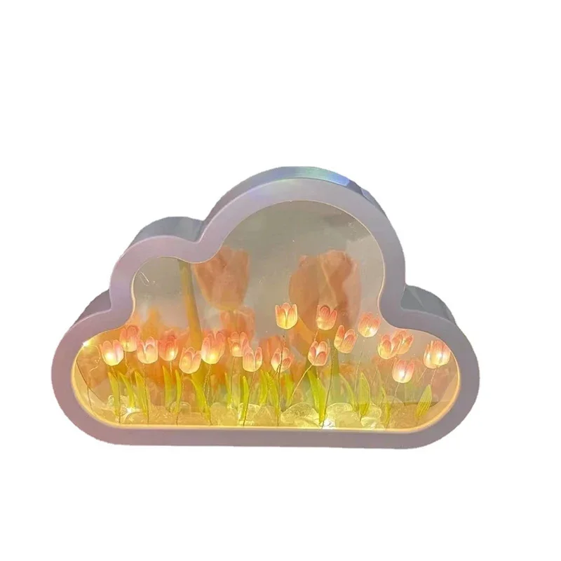 Handmade Diy Cloud Tulip Desktop Mirror Flower Sea Night Light Luminous Ornament Creative Gift Chinese Valentine\'s Day Gift