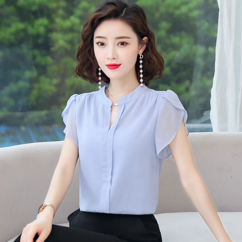 New Women'S Summer Loose Comfortable Temperament Lotus Leaf Sleeves V-Neck Chiffon Shirt Women'S Fashion Versatile Pullover Top