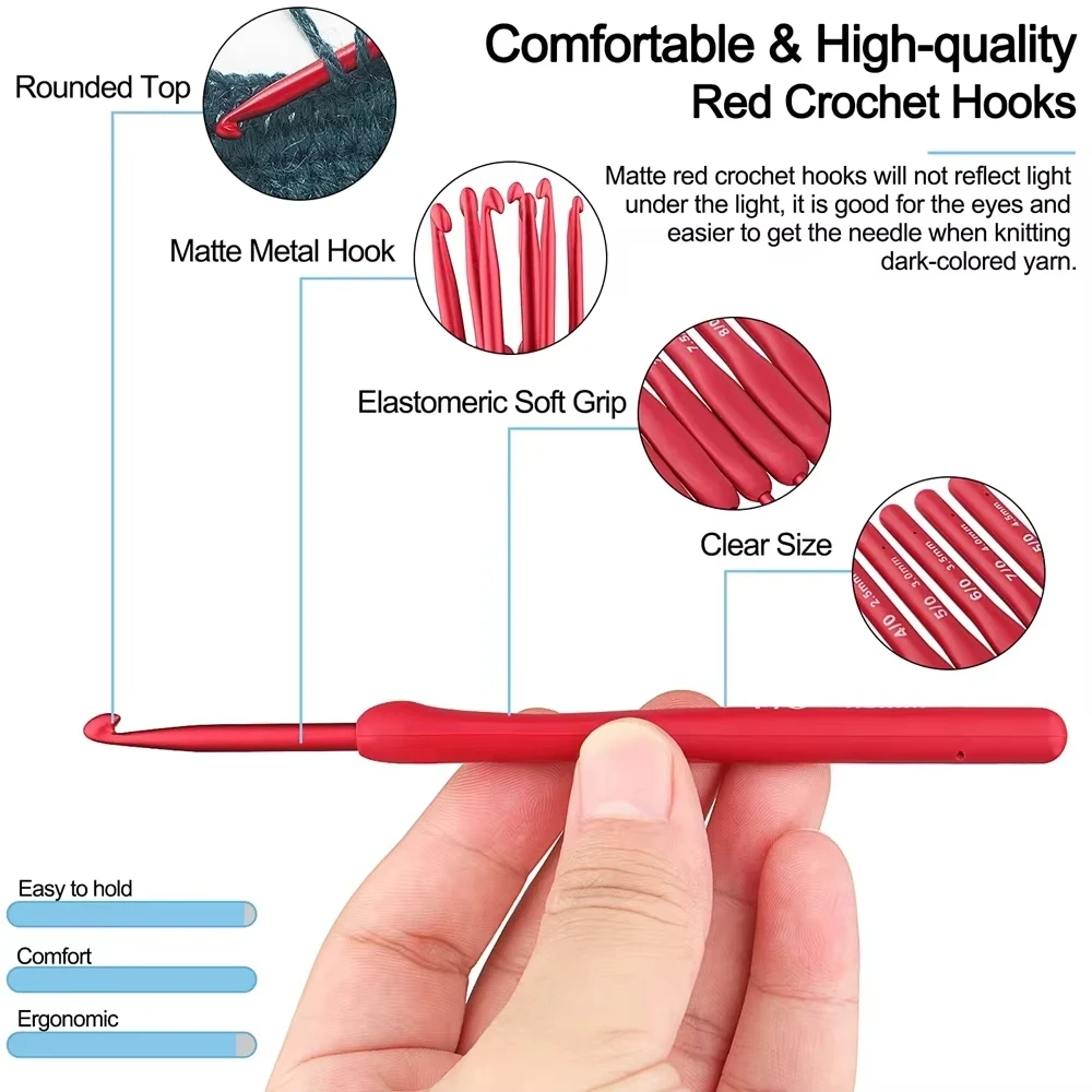 9pcs/set Crochet Hooks Set Aluminum Crochet Needle with Soft Silicone Grip Crochet Handles for Crocheting Yarn Craft Projects