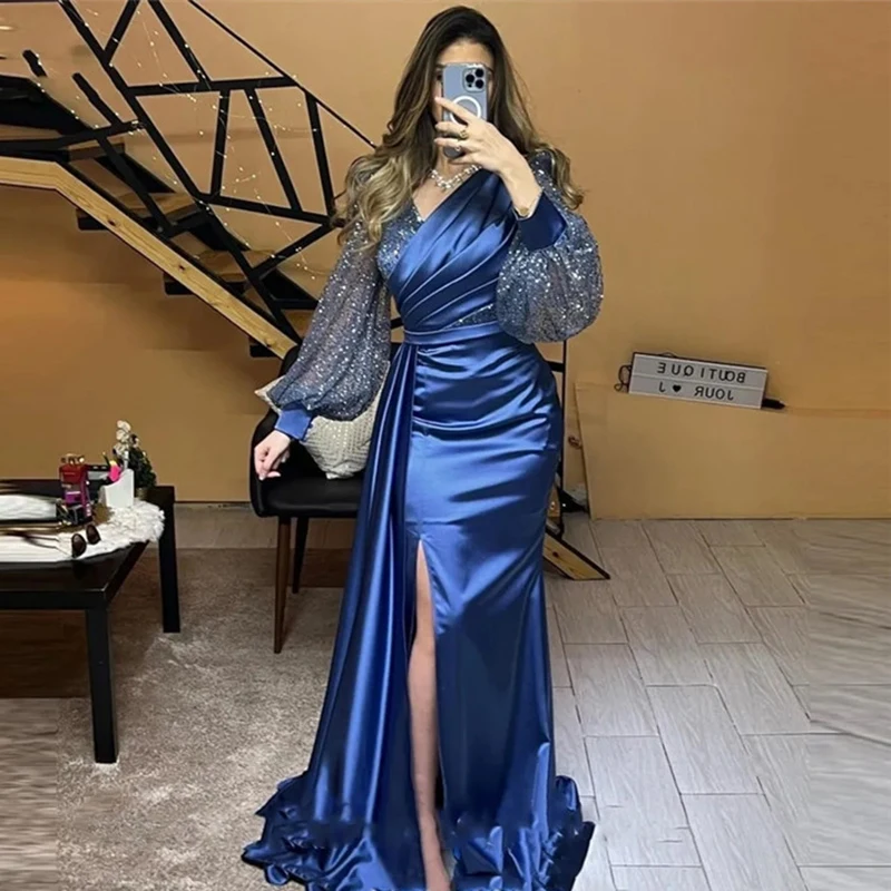 

Smileven Puff Lone Sleeve Saudi Arabia Mermaid Evening Dresses Prom Gowns Pleats Side Split Robe De Marieer Prom Party Dress
