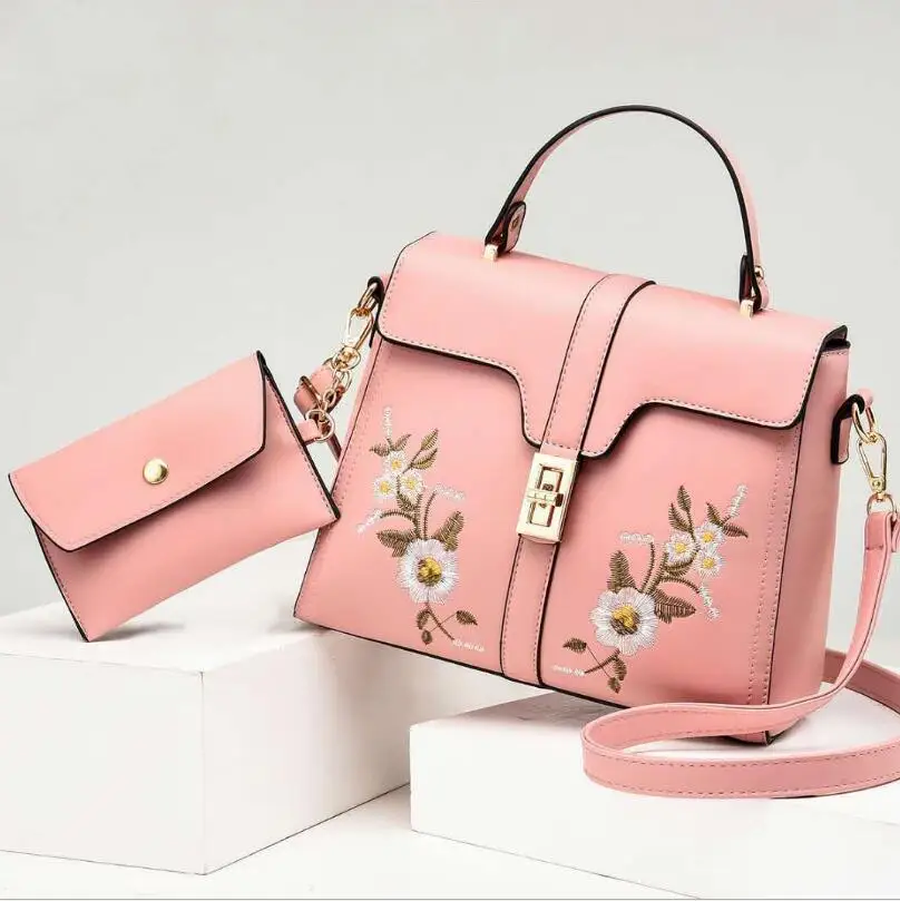 

Fashion Girl Embroidered Messenger Bag Simple PU Leather Shoulder Bag Portable Female Bag Ladies Light Luxury Women Handbag