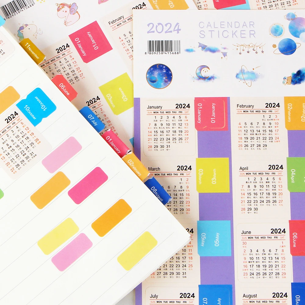 2 Sheets 2024-2025 Calendar Stickers Kawaii Monthly Calendar Stickers  Bookmark Notebook Agenda Planner Index Labels Stationery