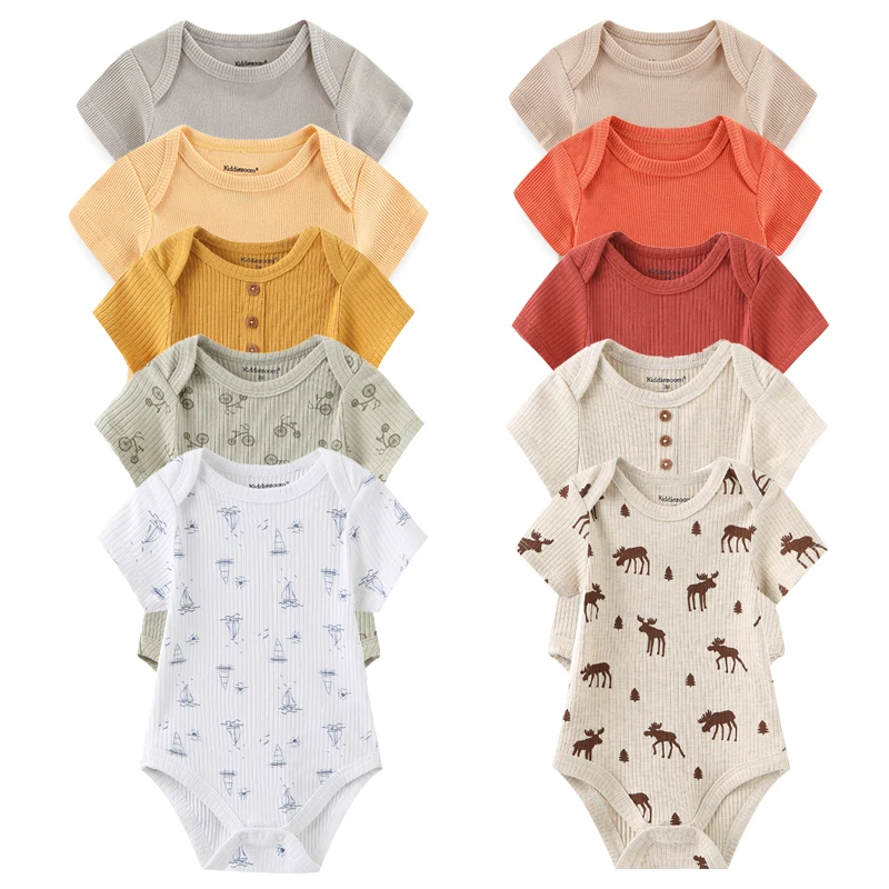 New Born Bodysuits 2023 Uni 5Pieces Baby Girl Clothes Solid Color Cotton Baby Boy Clothes Set Cartoon Print Summer Bebes