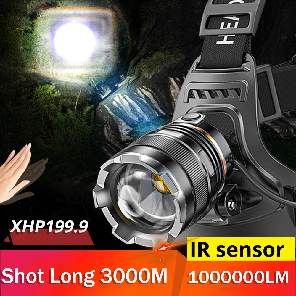 

88000000LM LED Headlamp Sensor XHP199.9 5T6 Headlight Flashlight USB Rechargeable Head Lamp Torch Light Lantern Shot Long 3000m