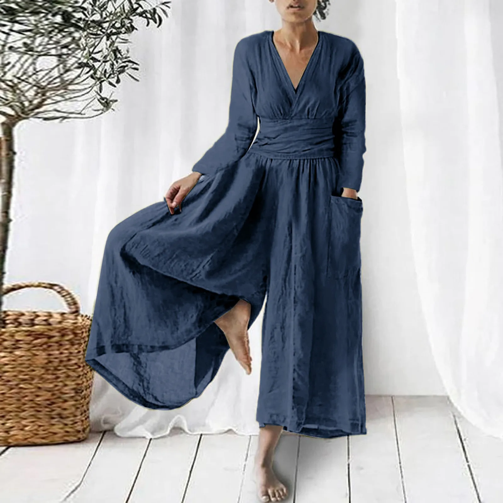 

Autumn Loose Cotton Linen Jumpsuit Women Pleated Long-Sleeved One-Piece Romper 2023 New Solid Color Casual Jumpsuits Overalls