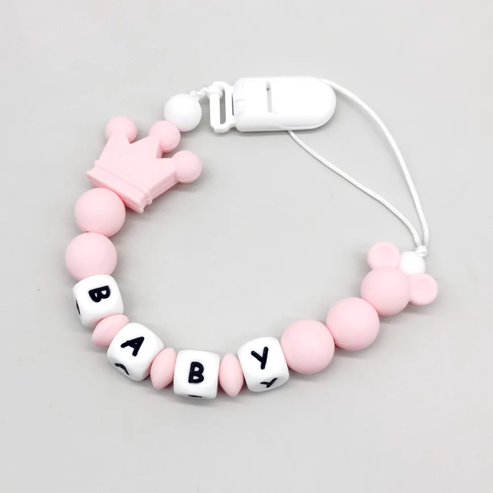 Customized Name Baby Pacifier Clips Chain Anti - Lost Baby Pacifier Holder Gray Mouse, Silicone Alphabet Bead Design
