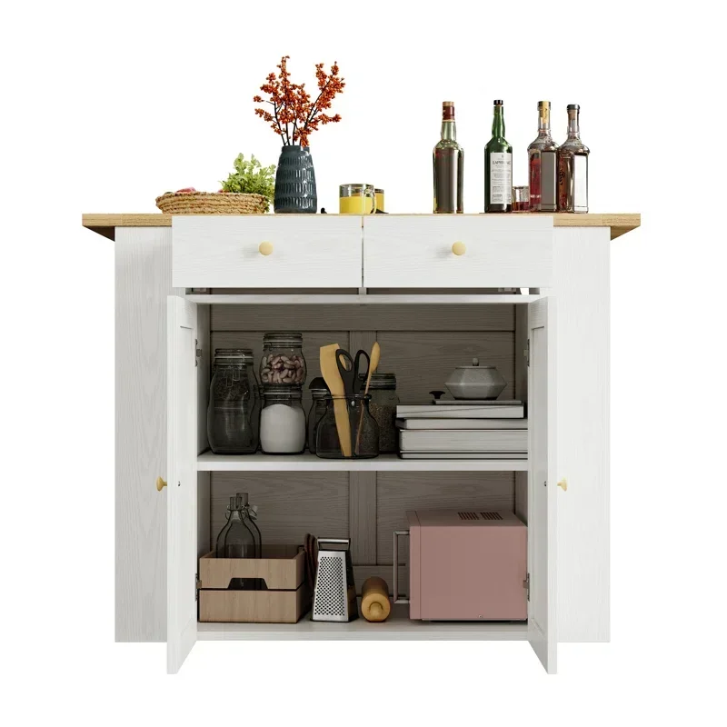 3 Pieces Kitchen Dining Table Set with Storage Cabinet and Drawers, Kitchen Island with 2 Stools and Drop Leaf Dining Table Set