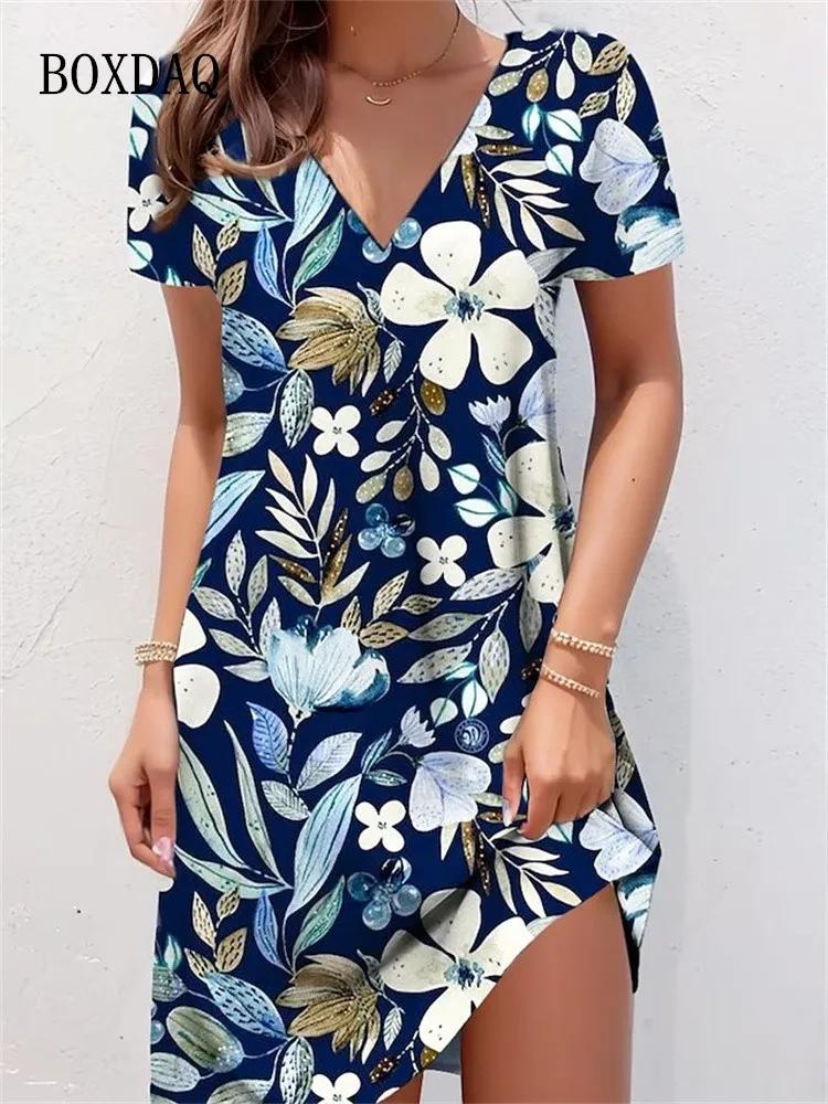 Robe décontractée à col en V et imprimé rétro