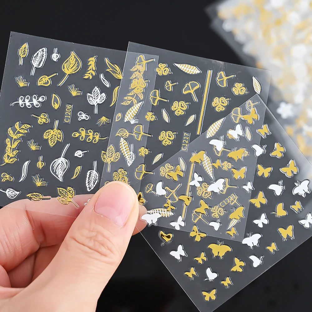 

30Pcs/Lot Gold Bronzing Nail Stickers 3D Bird Butterfly Leaf Abstract Line Sticker for Nails Adhesive Slide Nail Art Decorations