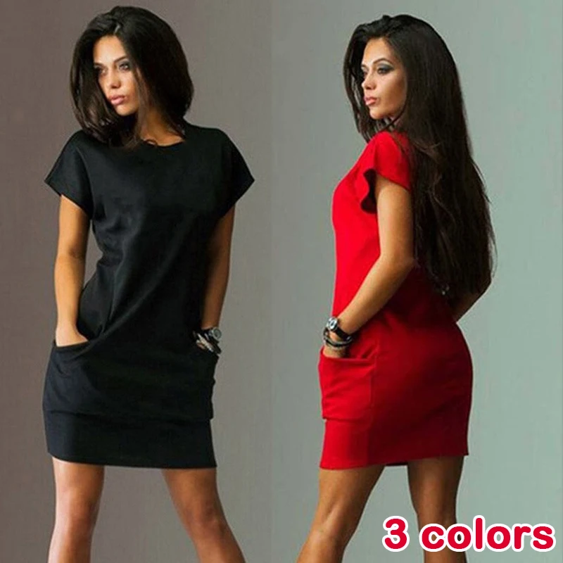 Summer women's sexy solid color short sleeved dress slim fit round neck pullover mini loose fitting dress ldyrwqy 2021 new japanese and korean summer short sleeved printed round neck black loose fitting youth t shirt