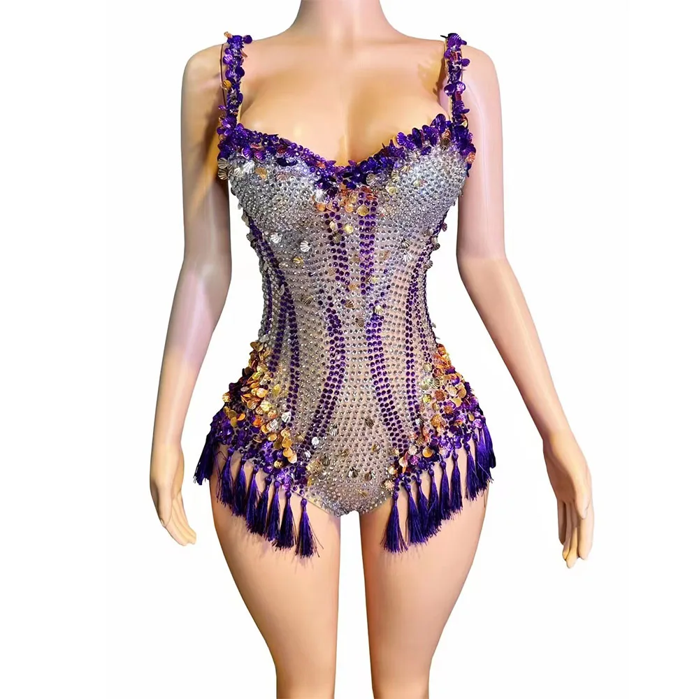 Sexy See Through Rhinestone Bodysuit Women Sexy Tight Mesh Ruffles Performance Dancer Singer Costume Nightclub Stage Outfit