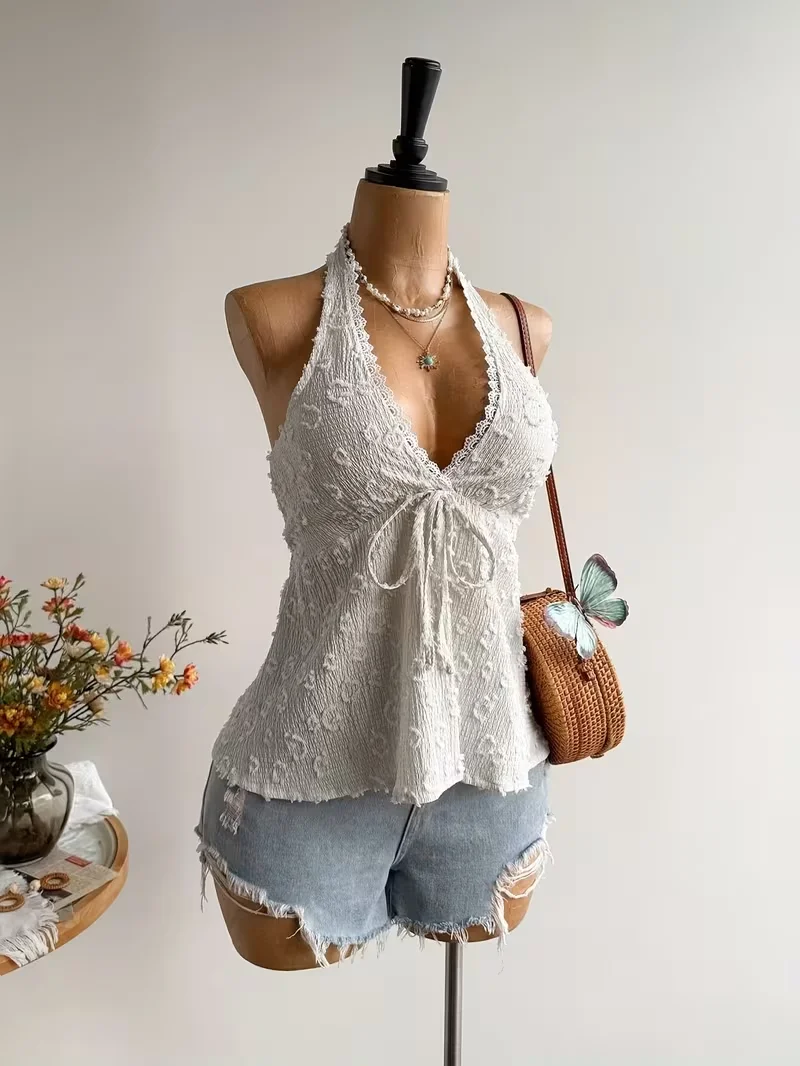 Ladies' Summer V-neck Lace Neck Strap Off Shoulder Leisure Vacation Easter Beach Wear Music Festival Top 4