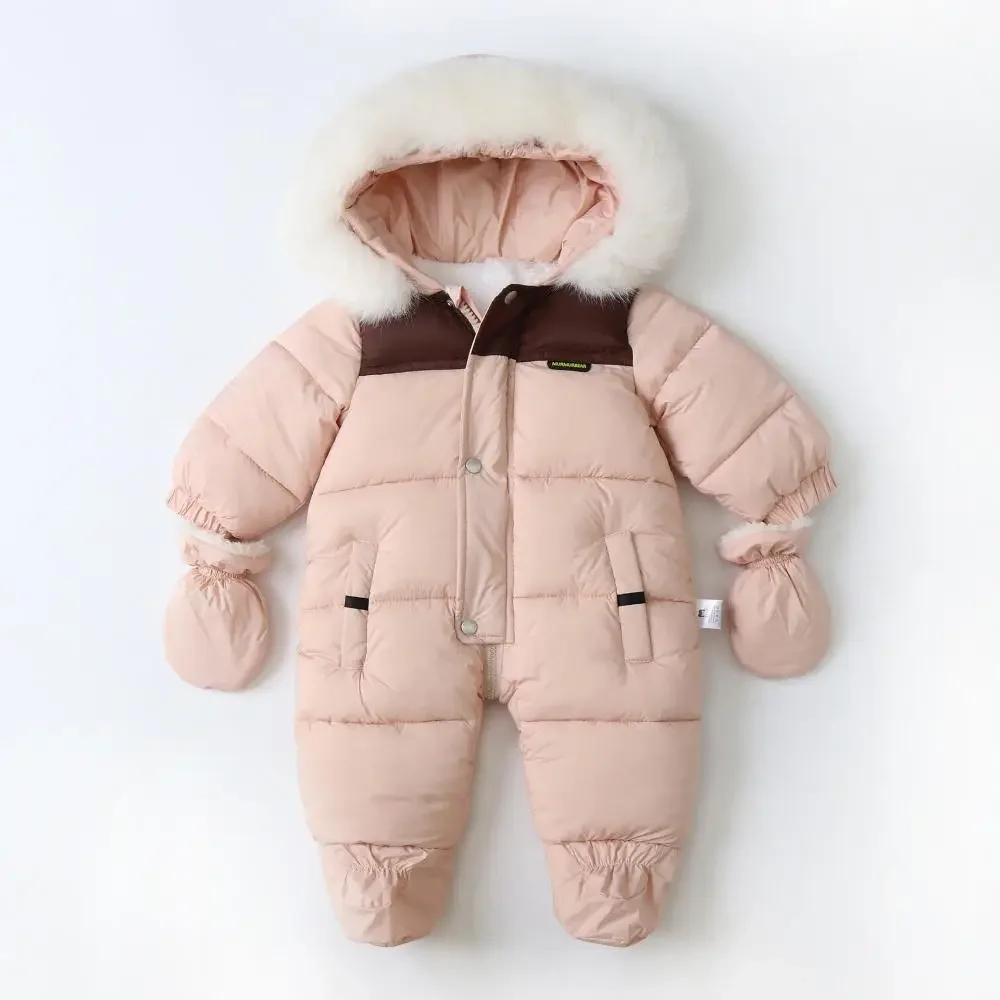 Baby Girl Boy Clothing Winter Rompers Hooded Thick Warm Windproof Outdoor with Pocket Glove Newborn Romper Coat